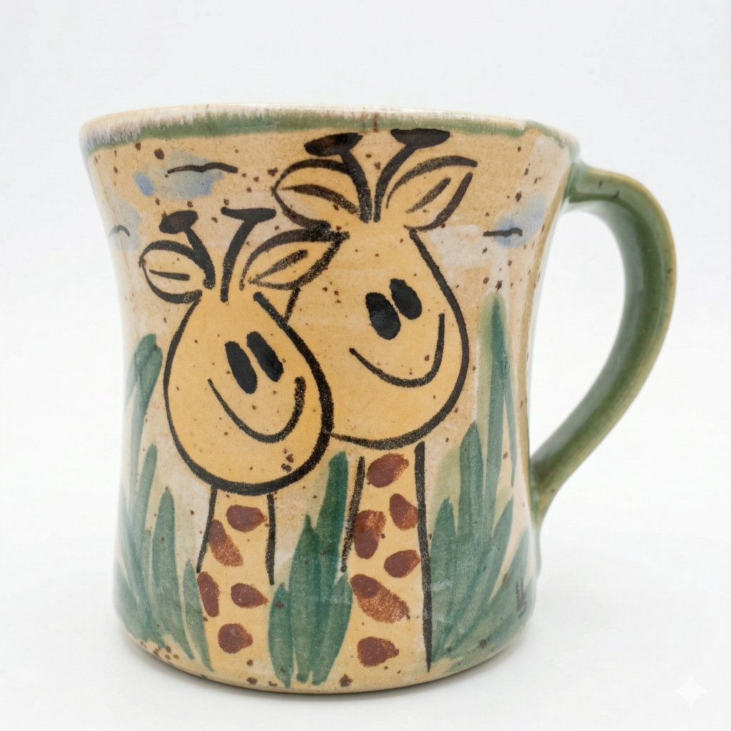 Detailreiches Giraffen Motiv in Grün auf handgefertigter Keramik Tasse mit Pflanzen Verzierung
