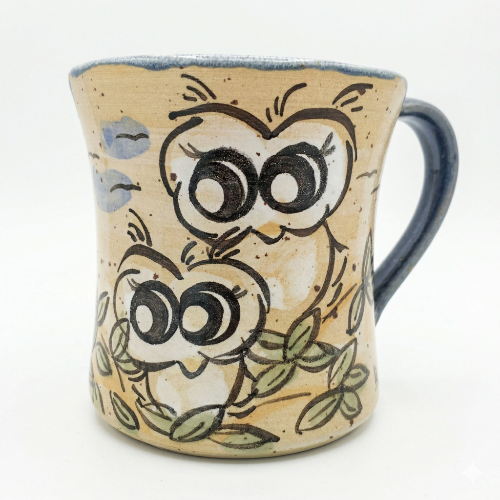 Handgemachte blaue Keramiktasse mit Comic-Eulen-Motiv aus Bad Kissingen.
