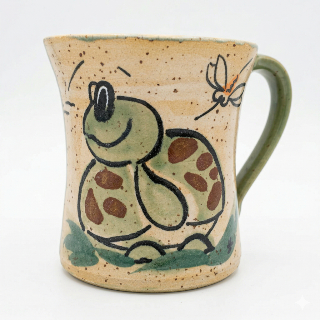 Handgefertigte grüne Tasse mit fröhlichem Schildi Motiv aus der regionalen Kunsttoepferei