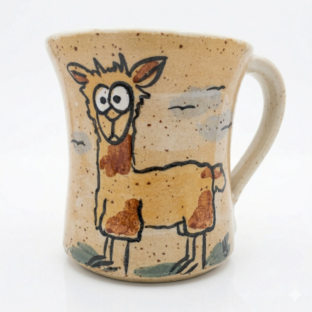 Cremefarbene Keramik Tasse mit lachendem Lama Design und handbemalten Details