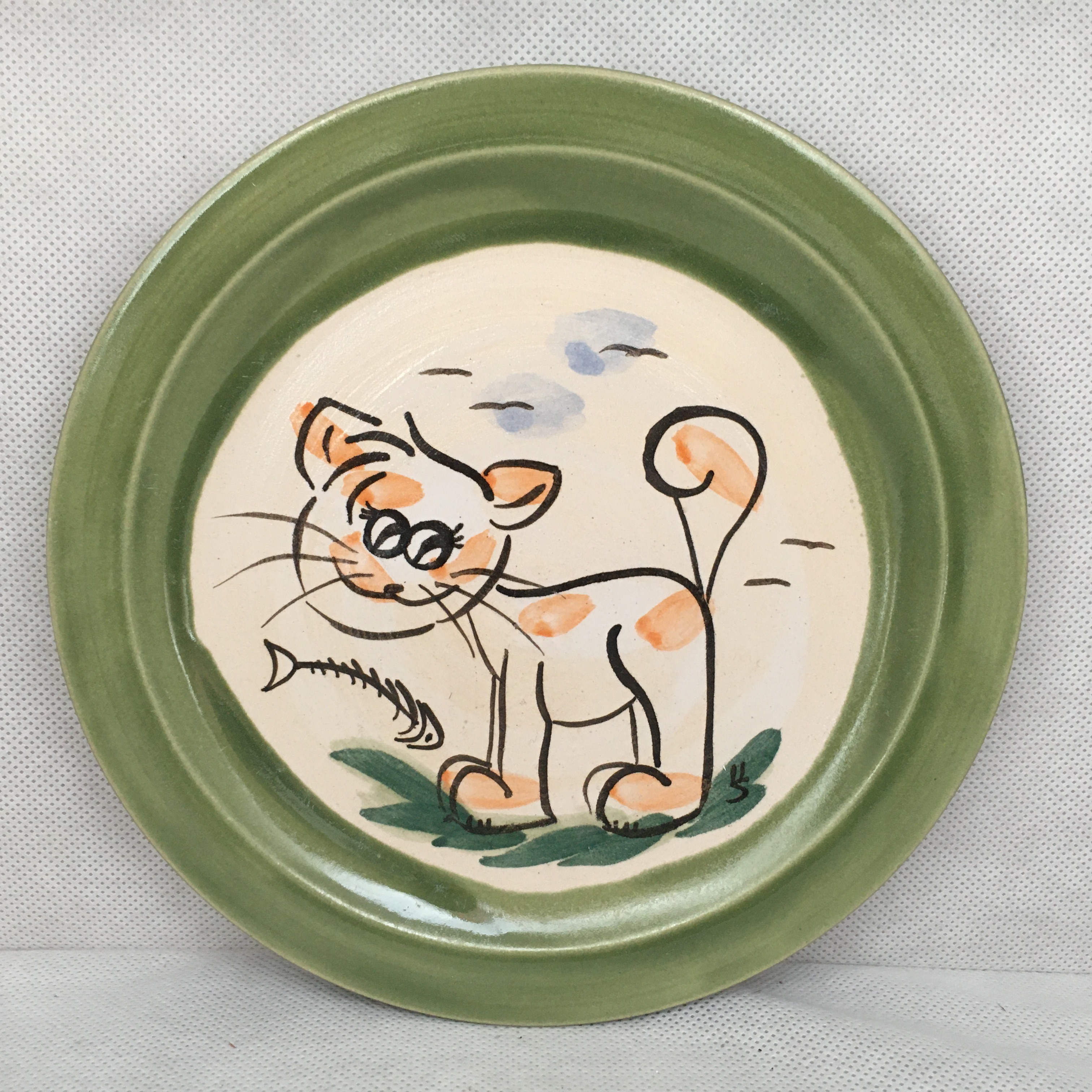 Comic-Keramik-Teller Katze grün Geschenkidee Keramik