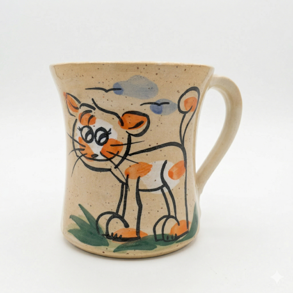 Cremefarbene Keramik Tasse mit lachendem Katzen Design und handbemalten Details