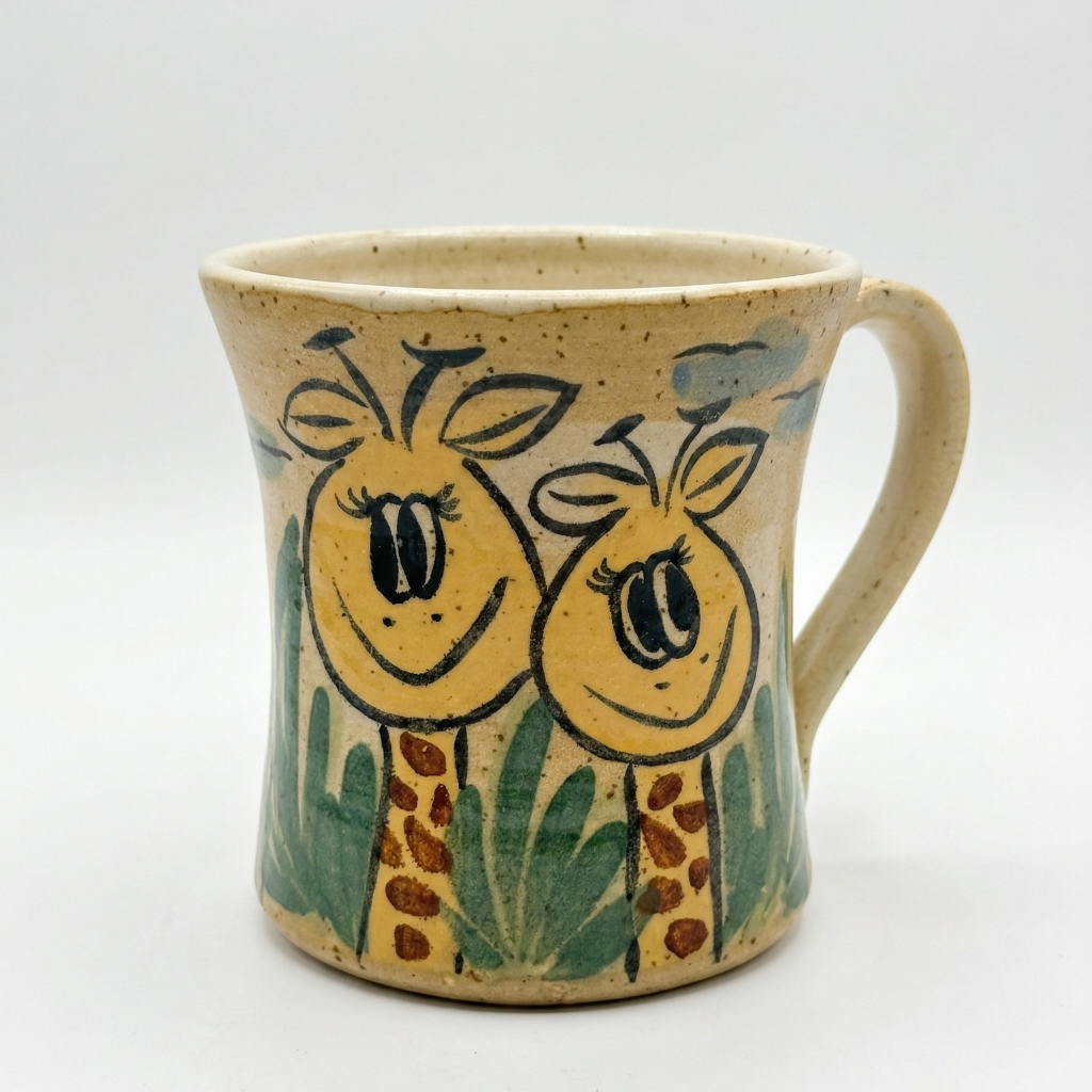 Fröhliches Comic Giraffen Paar auf cremefarbener Keramik Tasse aus regionaler Töpferkunst