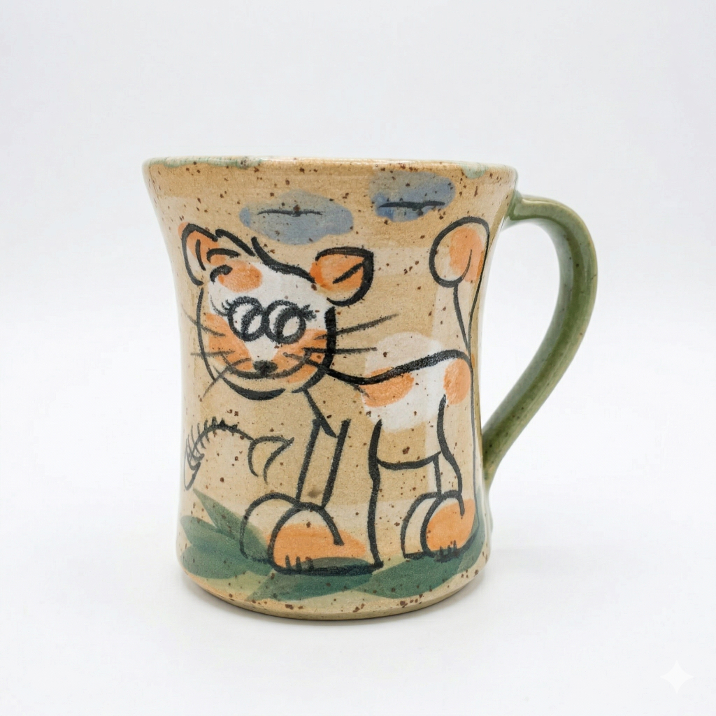 Handgefertigte grüne Tasse mit fröhlichem Samtpfoten Motiv aus der regionalen Töpferei