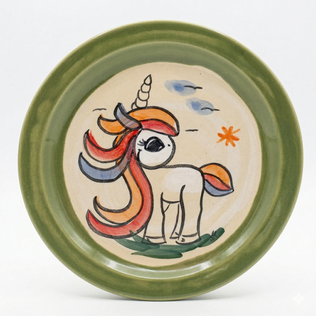 Handgefertigter gruener Fruehstuecksteller mit froehlichem Einhorn Design und Regenbogen Details