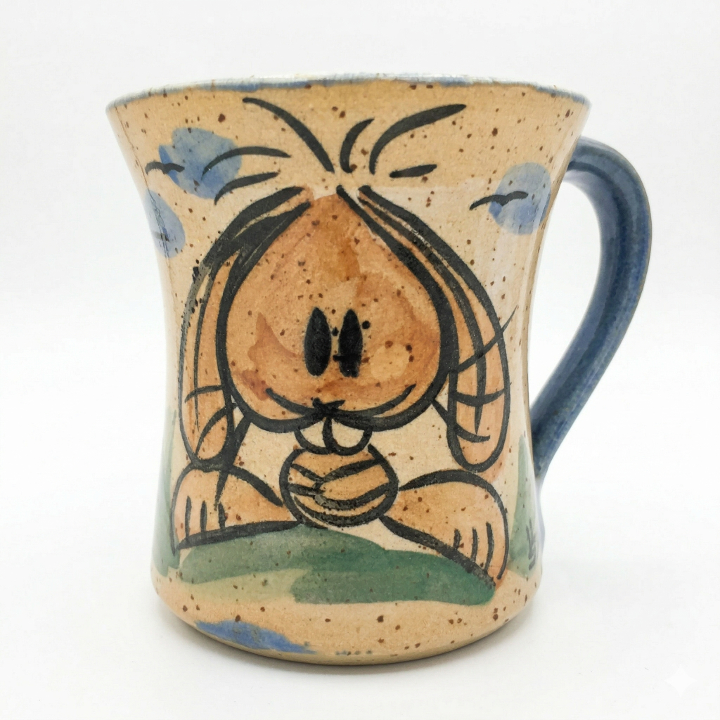 Blaue Keramik Tasse mit handgemaltem Comic Hasen Gesicht und langen Löffeln aus Bad Kissingen