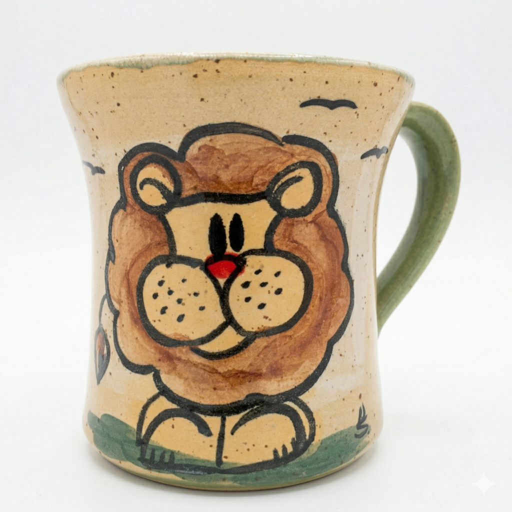 Handgefertigte grüne Tasse mit fröhlichem König der Tiere Motiv aus der regionalen Keramikwerkstatt