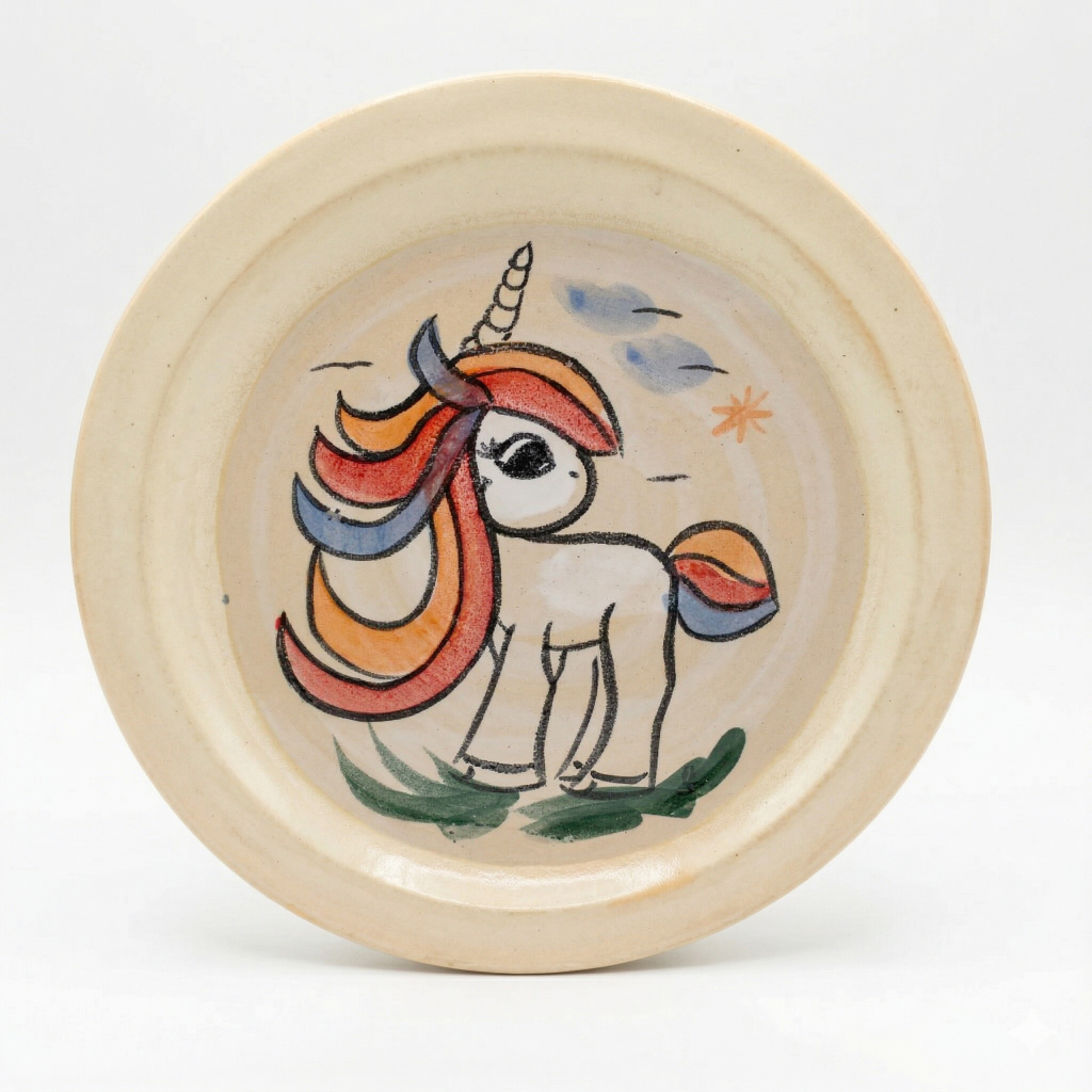 Cremefarbener Keramik Teller mit lachendem Einhorn Kopf und glitzerndem Horn, handbemalt