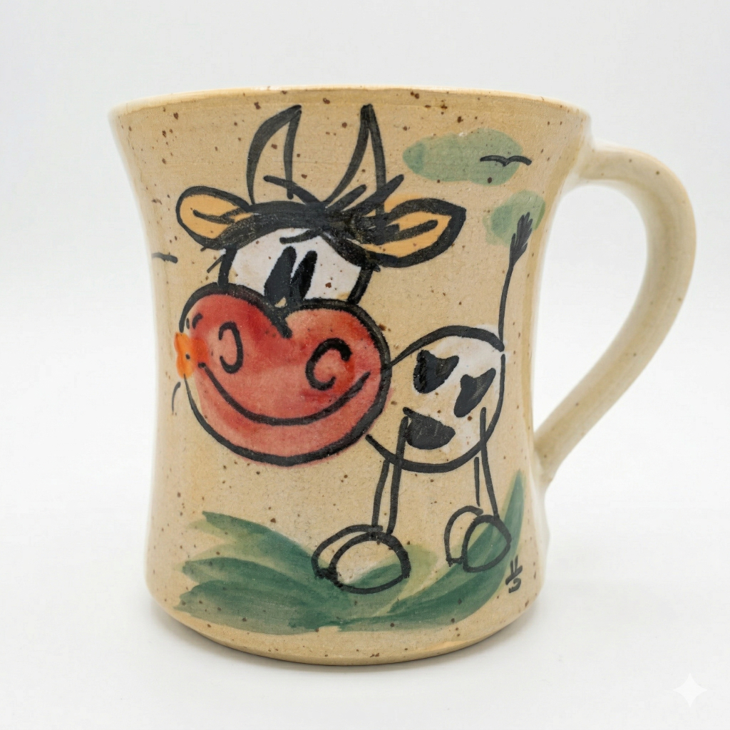 Cremefarbene Keramik Tasse mit lustigem Kuh Design und handbemalten Details
