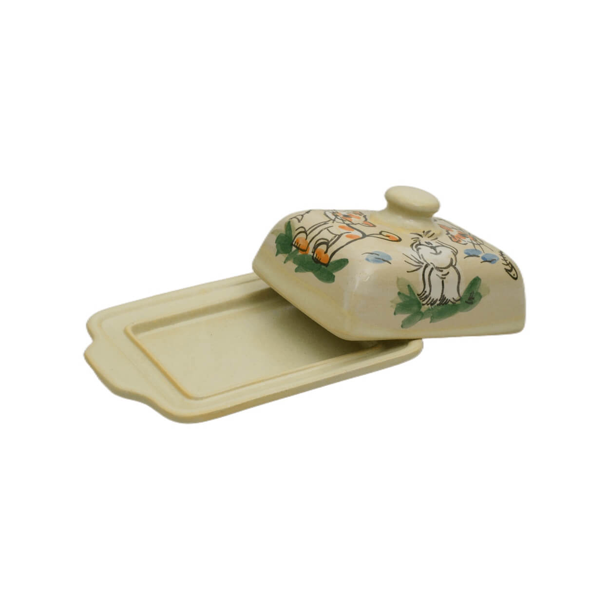 Deckel Detail Comic-Keramik-Butterdose Katze Hund creme