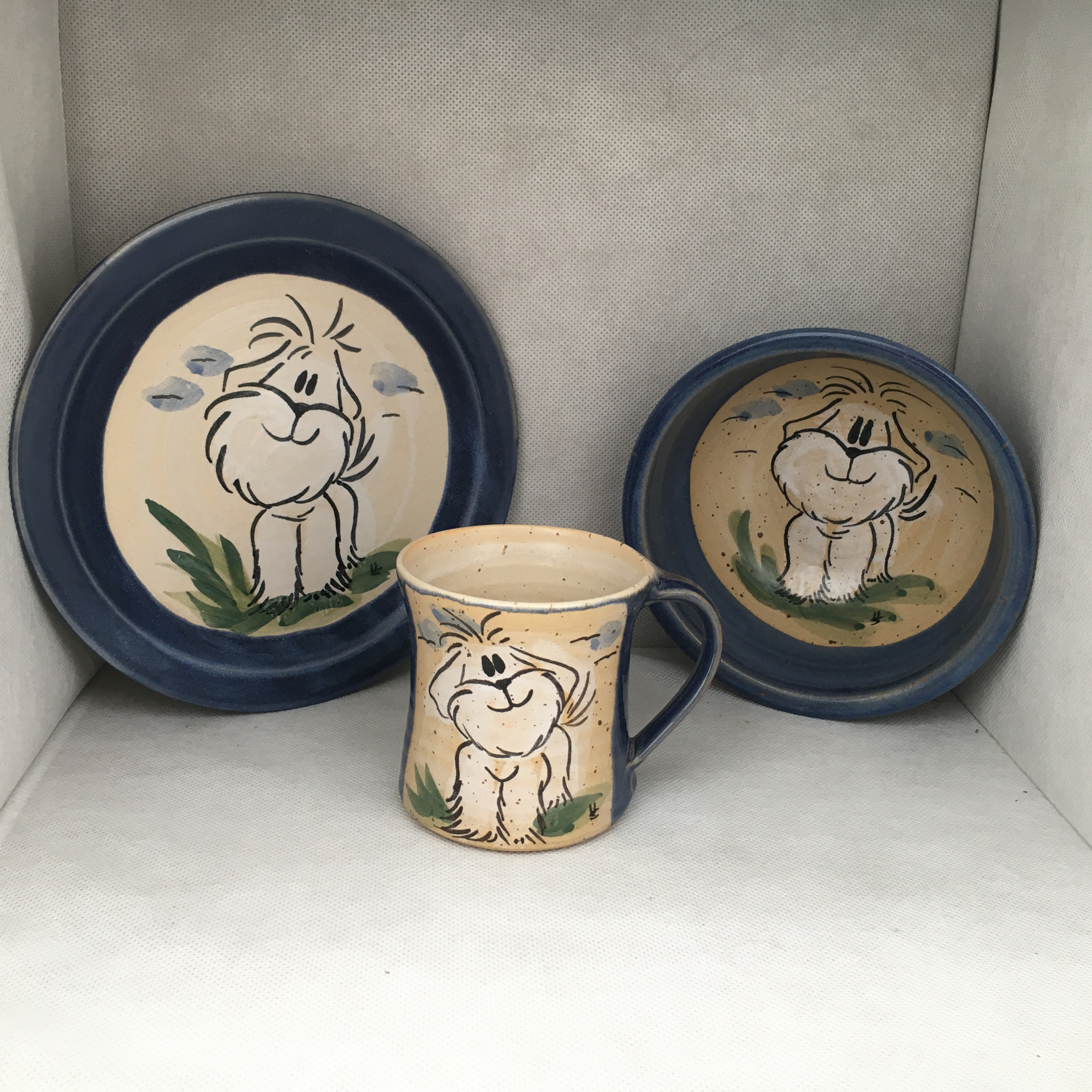 Handgemachtes Comic-Keramik-Set Hund blau – Tasse Teller Müslischale