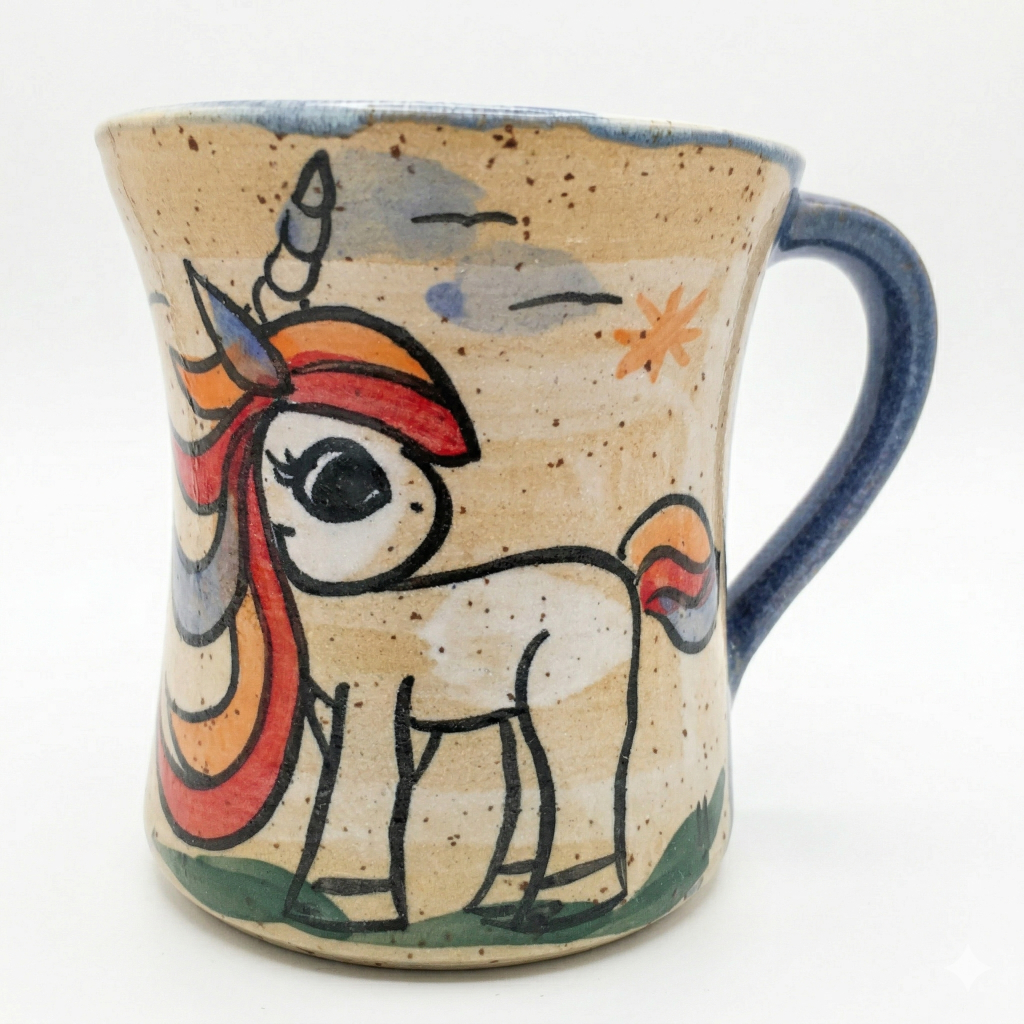 Handbemalte Einhorn-Tasse in Hellblau von Meisterkeramik – ein Unikat aus hochwertigem Steinzeug mit liebevollen Details.