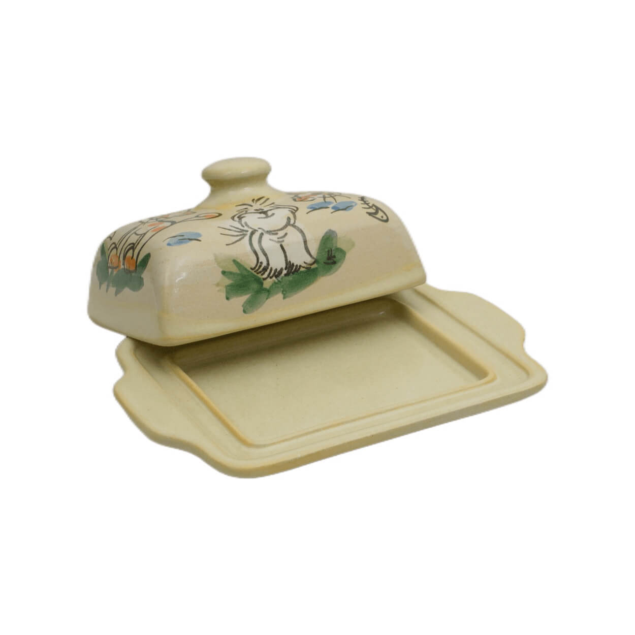 Deckel Detail Comic-Keramik-Butterdose Katze Hund creme