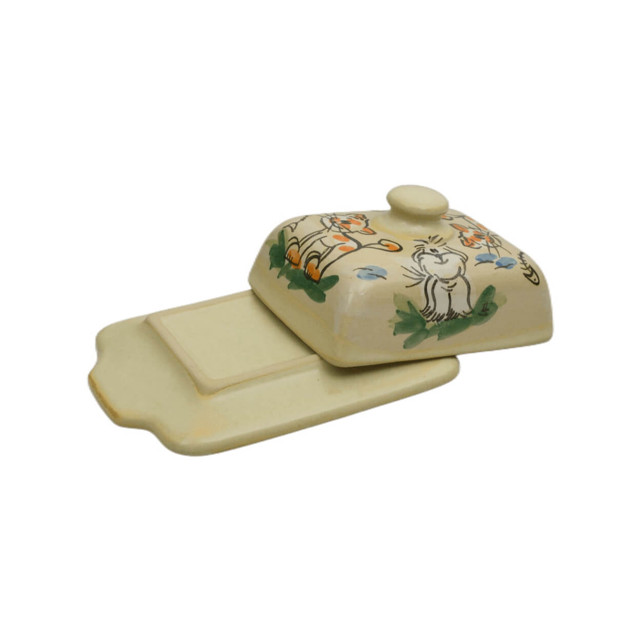 Deckel Detail Comic-Keramik-Butterdose Katze Hund creme