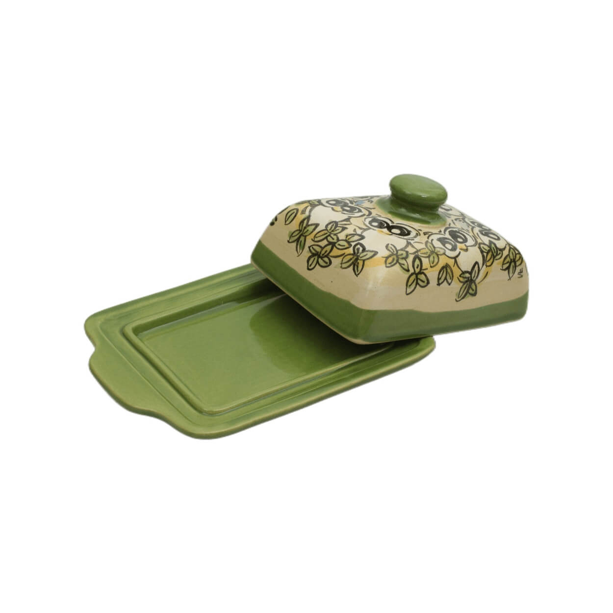 Innenansicht Comic-Keramik-Butterdose Eule grün