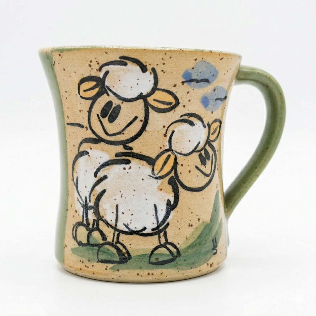 Handgefertigte grüne Tasse mit treuem Schaf Motiv und Heidewelt Verzierung aus der Keramikwerkstatt
