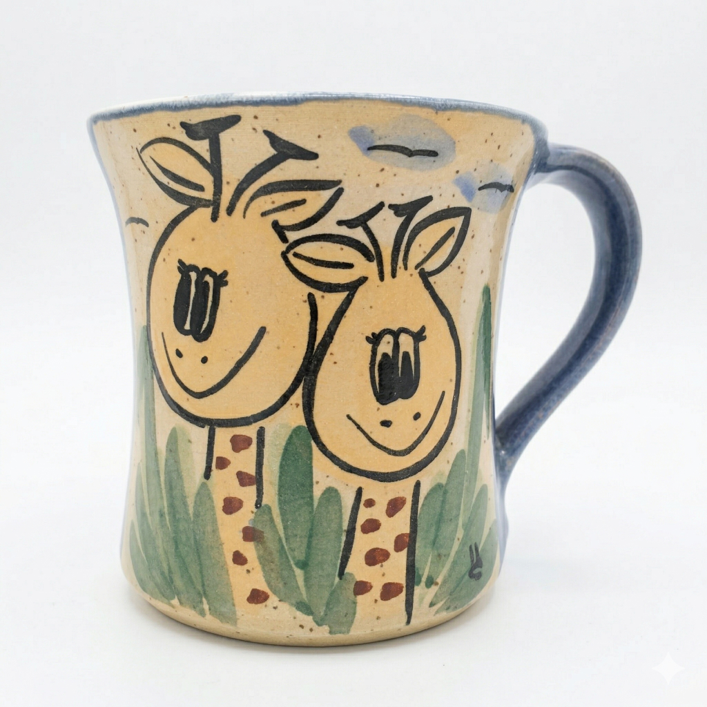 Handgemalte blaue Keramik Tasse mit zwei lachenden Giraffen Gesichtern und Grasmotiv aus Bad Kissingen