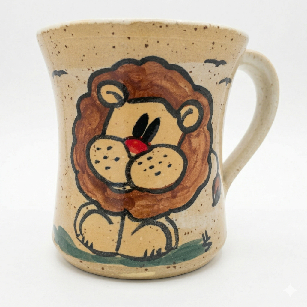 Cremefarbene Keramik Tasse mit lachendem Löwen Design und handbemalten Wildnis Details