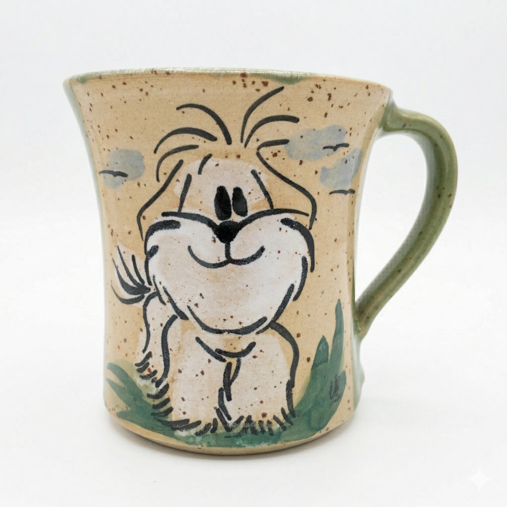 Handgefertigte grüne Tasse mit treuem Hunde Motiv aus der regionalen Keramikwerkstatt