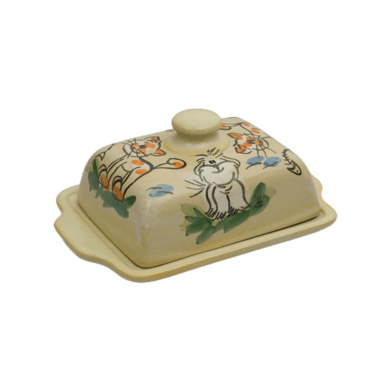 Deckel Detail Comic-Keramik-Butterdose Katze Hund creme