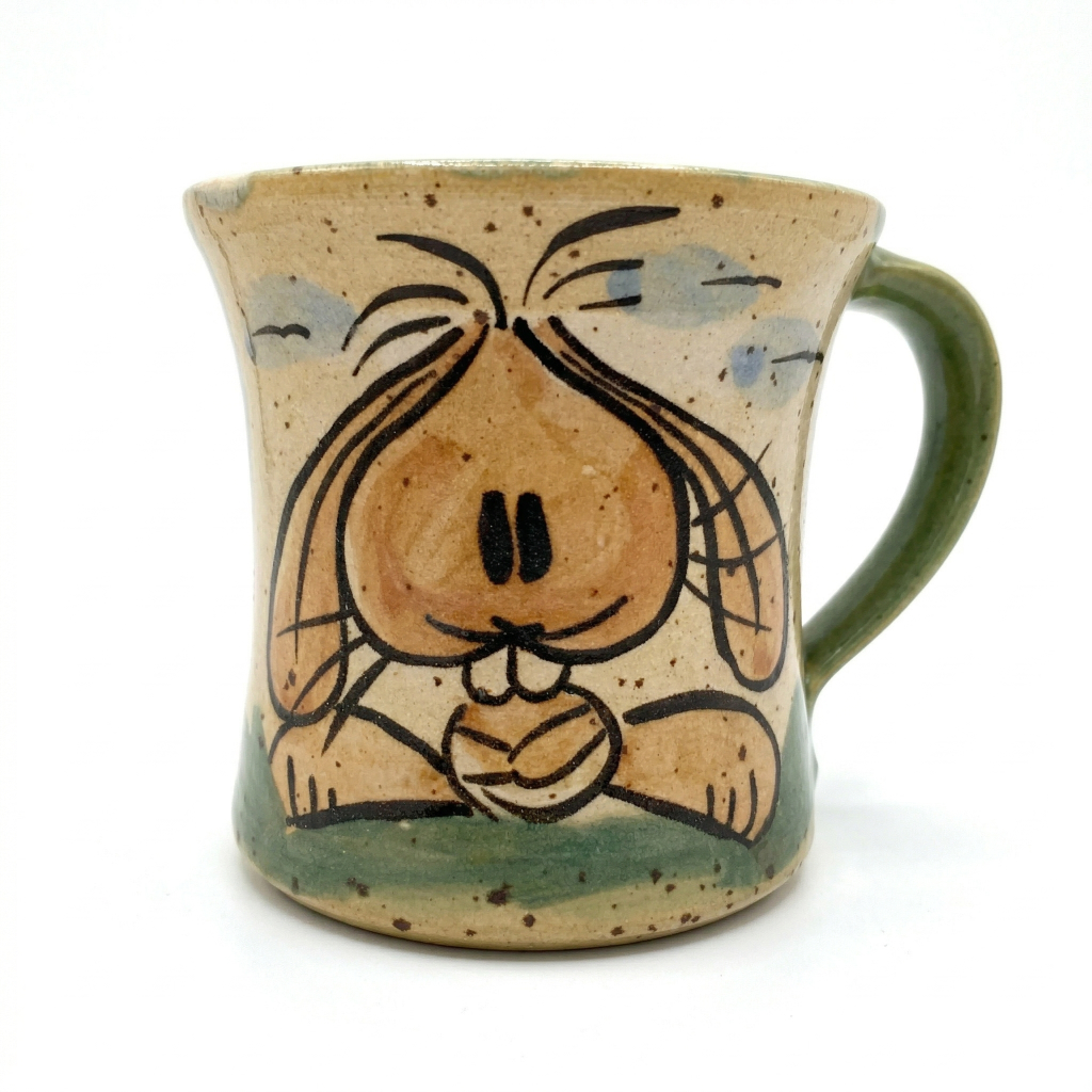 Handgefertigte grüne Tasse mit fröhlichem Hasen Motiv aus der regionalen Keramik Manufaktur