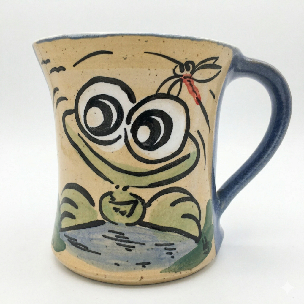 Handbemalte blaue Keramik Tasse mit lustigem Frosch Motiv und kleiner Libelle aus Bad Kissingen