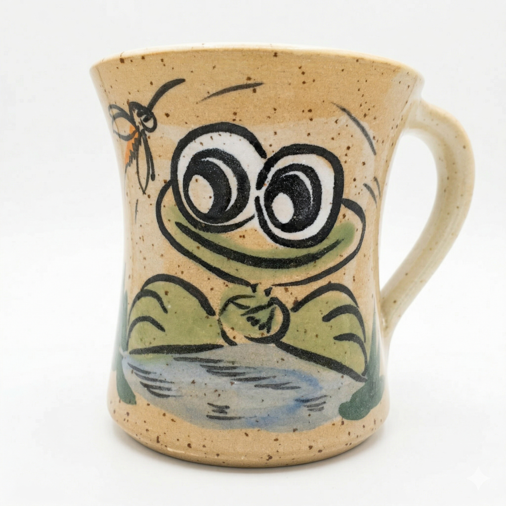 Lachender Comic Frosch auf cremefarbener Keramik Tasse aus regionaler Töpferkunst