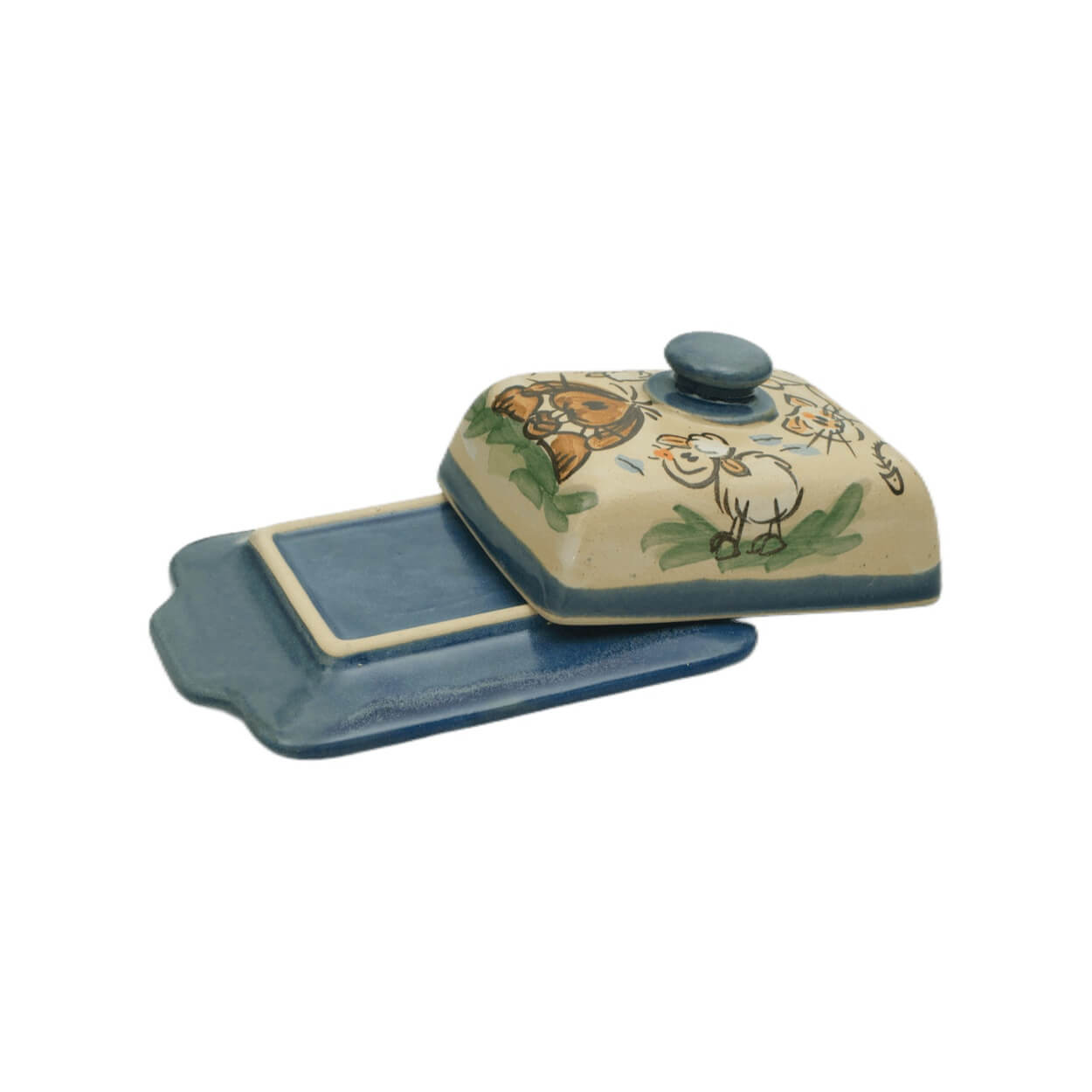 Detailansicht Comic-Keramik-Butterdose Hase Katze Schaf blau 👉 Deckel Detail Comic-Keramik-Butterdose Hase Katze Schaf creme