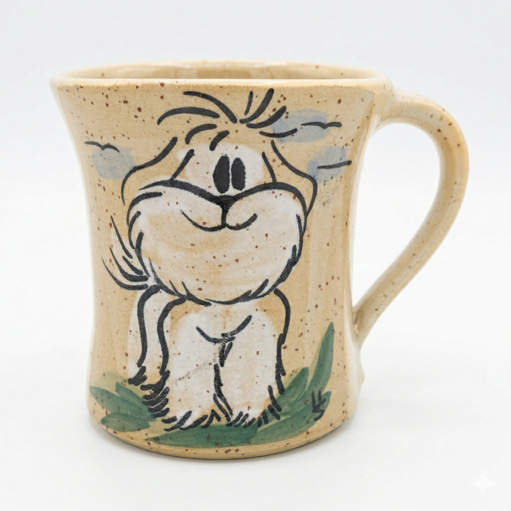 Cremefarbene Keramik Tasse mit lachendem Vierbeiner Design und glänzender Glasur