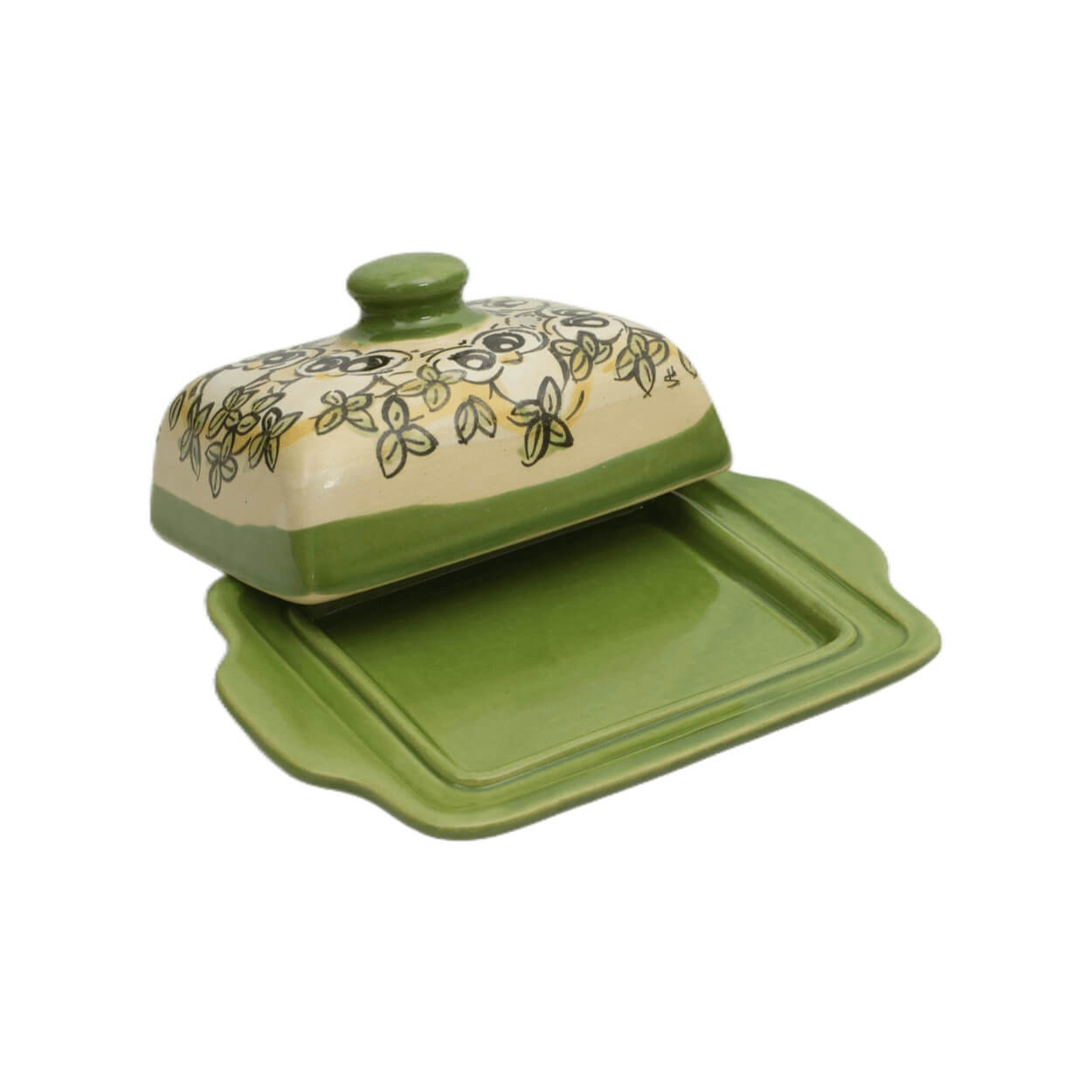 Innenansicht Comic-Keramik-Butterdose Eule grün