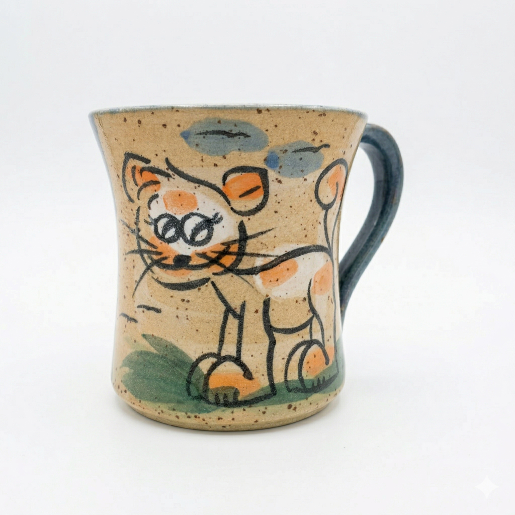 Blaue Keramik Tasse mit neugierigem Comic Katzengesicht und langen Schnurrhaaren aus Bad Kissingen