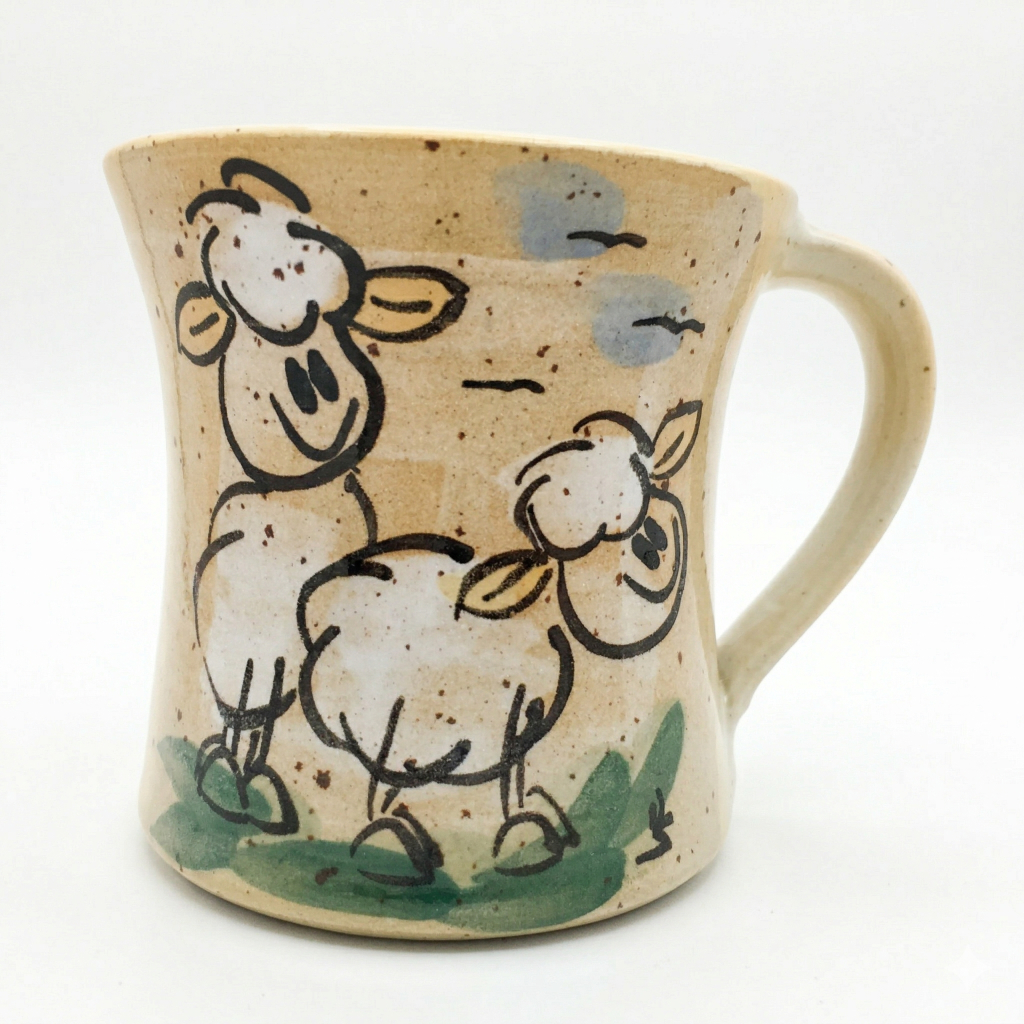 Cremefarbene Keramik Tasse mit lachendem Schaf Design und handbemalten Details